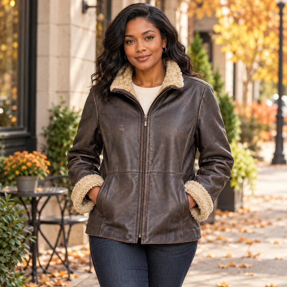 Charles Klein Leather Jacket Women Medium Brown Faux Shearling Lined Zip Coat